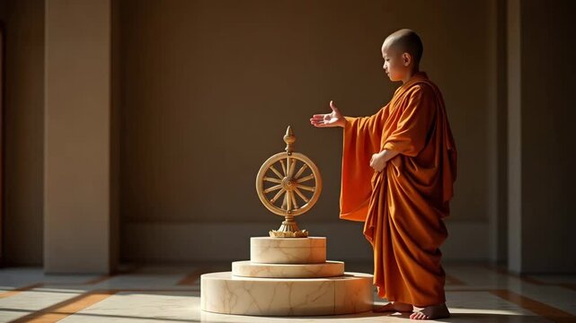 Young Monk Demonstrating Sacred Wheel of Dharma on Marble Dais for Educational Buddhism Session - Interactive Learning Concept with Empty Space