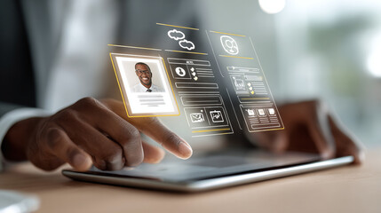 Modern professional using tablet for digital interface and social media networking connections online now