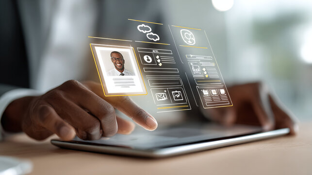 Modern professional using tablet for digital interface and social media networking connections online now