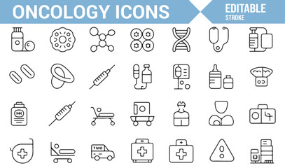 Set of medical icons for oncology care, including cancer treatment, injections, and healthcare services.