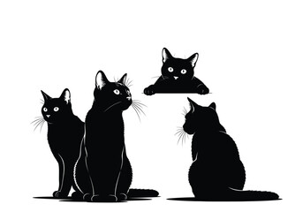 Four black cats depicted in silhouette, two sitting, one looking up, and one peering over a surface, all on a white background.