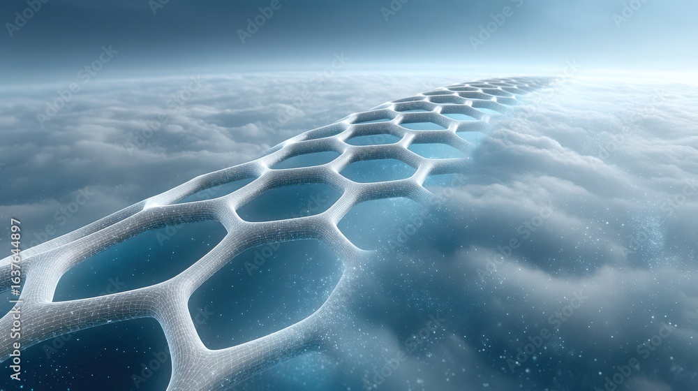 Poster a futuristic pathway of honeycomb structures floating above fluffy clouds, evoking a sense of wonder