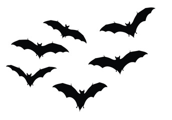 Naklejka premium Silhouette of a flock of bats in flight against a white background.