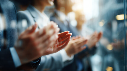 Business professionals are shown clapping their hands in support and appreciation du an event in a modern, bright office setting, conveying success and recognition.