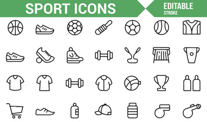 A series of icons representing athletic equipment, including sneakers, gym tools, and sports gear.