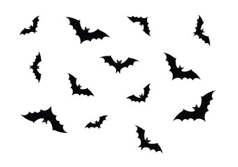 Black bat silhouettes flying scattered on a clean white background, evoking a spooky Halloween atmosphere.
