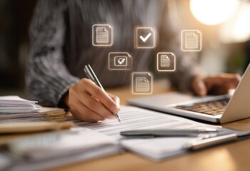 Close-up of a person working on paperwork and a laptop, with document icons overlayed