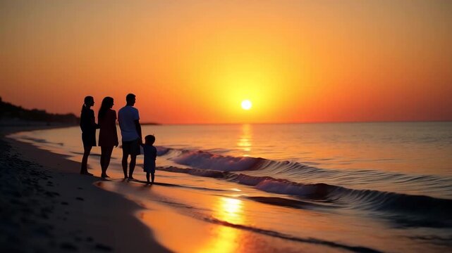 Family Bonding at Sunset: A Heartwarming Scene of Togetherness on the Beach with Vibrant Reflections and Calm Waters - Perfect for Family and Nature Themes