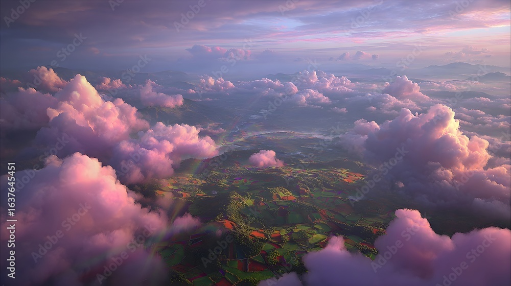 Poster a view from above of colorful clouds and a landscape of hills and valleys.
