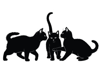 Three black cats are depicted in a vector illustration, two cats are interacting while the center cat stands tall with its tail up.