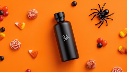 Halloween themed flat lay with black bottle and spider decorations