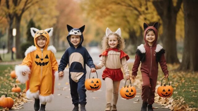 Kids trick or treat in Halloween costume. Happy Halloween. running kids with a basket for sweets - Powered by Adobe