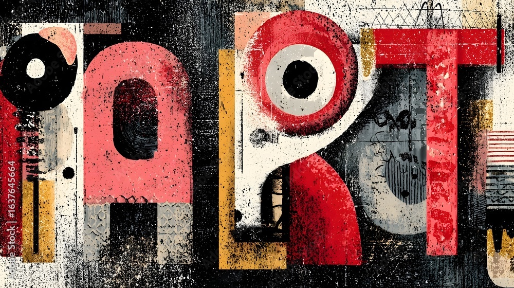Poster colorful layered abstract art piece with bold typography grunge textures and dynamic visual elements