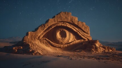 Sand sculpture of a large eye in a desert landscape at night.