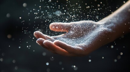 Fototapeta premium a sprinkling of blue snow powder on a human hand