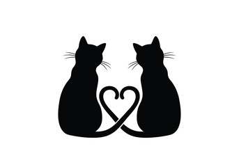 A silhouette of two black cats sitting together with their tails intertwined to form a heart shape.