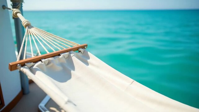 Cropped view of a sailor's hammock on a boat deck, soft canvas and nautical ropes swaying above calm turquoise sea at midday, perfect for nautical themes and relaxation.