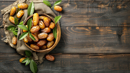 Close-up of organic dried dates  onto rustic wooden table, showcasing rich texture and natural color.