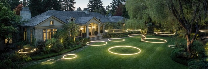 Elegant home at dusk, illuminated by glowing circles in the manicured lawn