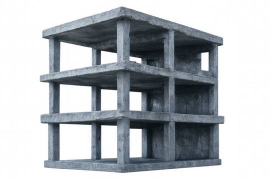 Concrete building under construction, featuring exposed floors and pillars, isolated on a transparent background