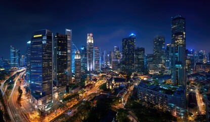 Obraz premium Night cityscape panorama of skyscrapers and roads