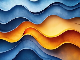 Obraz premium Abstract Wavy Paper Art Background with Blue and Orange Gradients, 3D Layered Design for Modern Decor, Digital Backdrop for Presentations, Creative Textile Pattern, Contemporary Wave Illustration