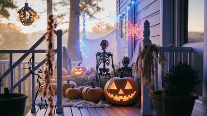 Halloween decorations are illuminated at night with purple and orange lights, creating a spooky and festive atmosphere - Powered by Adobe