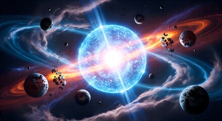 Obraz premium A mesmerizing cosmic scene featuring a brilliant star explosion amidst a swirling nebula, surrounded by planets and celestial bodies, creating a breathtaking display of light and energy in deep space