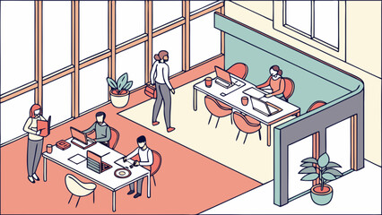 Isometric office space design with people working on laptops in a modern co working environment setting