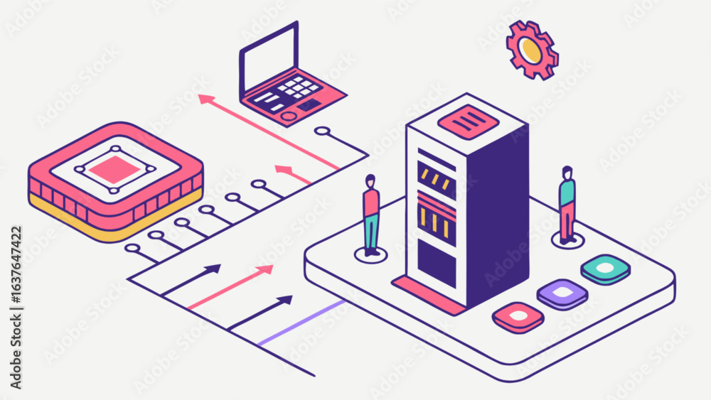 Poster isometric server data center network cloud computing and database management system illustration con