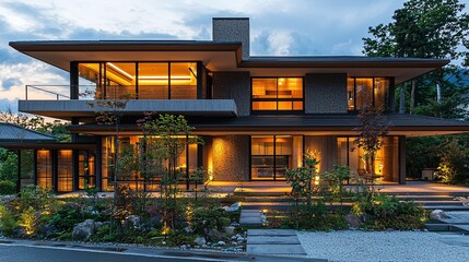 Fototapeta premium Night view of modern style villa