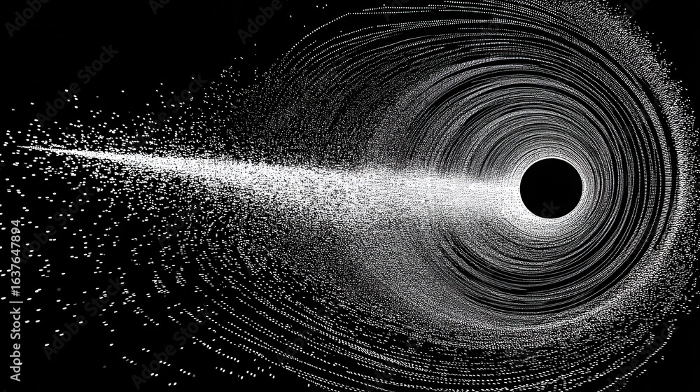 Poster abstract illustration of a vortex with particles spiraling towards a central black hole, creating a 
