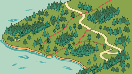 Forest trail map illustration for hiking and outdoor activities with trees and lake scenic view image