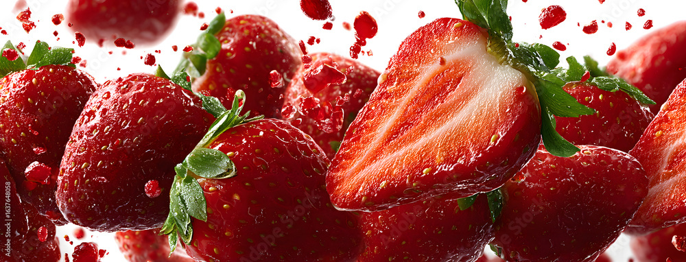 Poster set of strawberries slice and floating in the air isolated on white background
