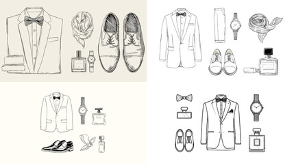 A collection of formal men's fashion illustrations, including suits, shoes, bow ties, watches, perfumes, and handkerchiefs, suitable for wedding and business wear designs.
