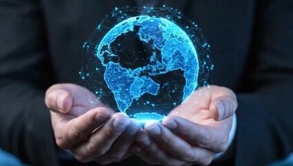 Businessman holding holographic digital Earth globe - Powered by Adobe