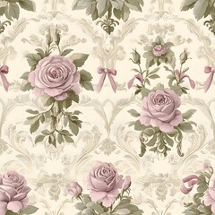 Elegant Floral Damask Pattern with Pink Roses and Green Leaves