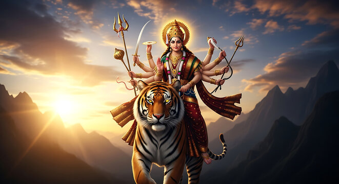 Goddess Durga riding a tiger at sunset image