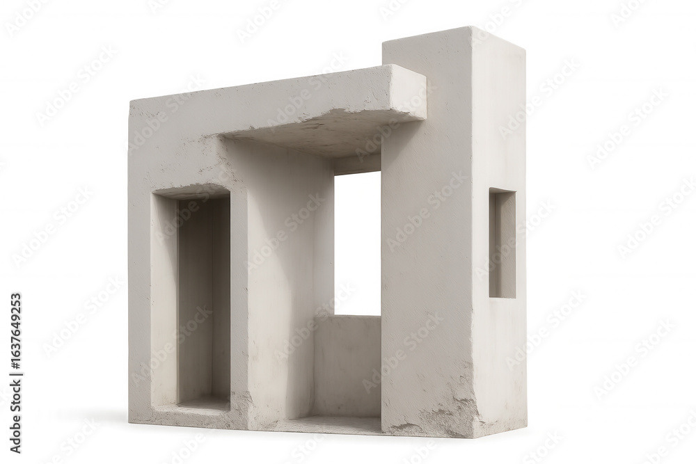 Poster minimalist concrete structure featuring geometric shapes and openings, isolated on a transparent bac