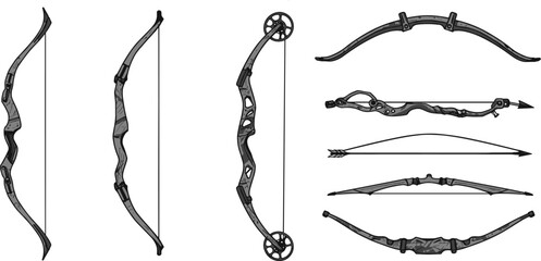 Set of realistic bow and arrow illustrations, featuring traditional longbow, compound bow, and arrows, cad drawing flat vector illustration.