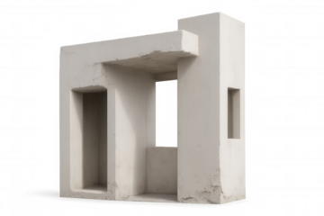 Minimalist concrete structure featuring geometric shapes and openings, isolated on a transparent background, ideal for architectural visualization or conceptual projects