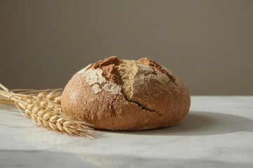Artisan bread loaf, golden crust, sitting on a marble surface with stalks of wheat as decoration.