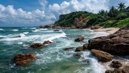 Sunny coastal scene with waves crashing on rocks. Lush foliage climbs hills