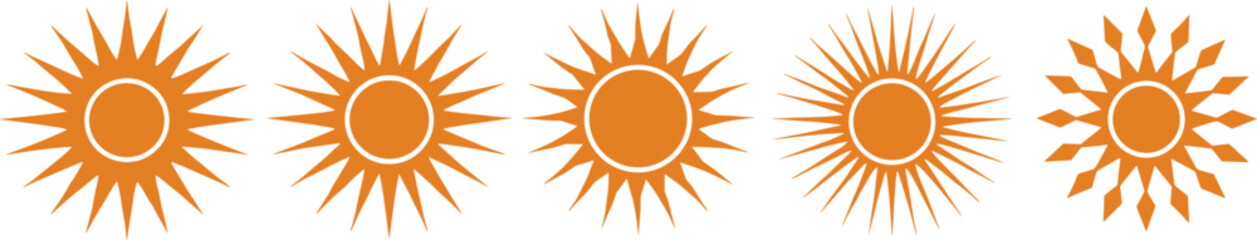 Solar icons and symbols for sun, star, and brightness in various shapes and designs, a vector illustration graphic element.