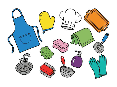 Culinary Craft Essentials: A vibrant compilation of culinary essentials including an apron, oven mitt, chef hat, tray, kitchen cloth, sponge, sink, brush, soap dispenser, colander, and gloves.