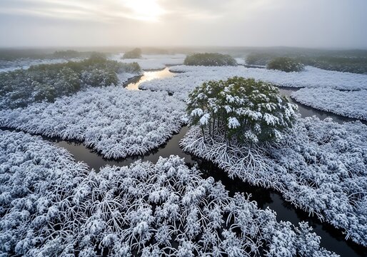 Snowy Mangrove Forest: Aerial View of Winter Landscape with Waterways and Trees