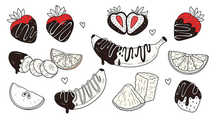 Illustration Art Vector with Fruits and Chocolate Drizzle in Black and White with Hearts Whimsical Food Design