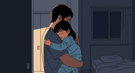 A father gently cradles his sleeping daughter in a quiet, dimly lit home at night.