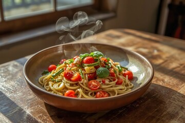 Steaming bowl of delicious pasta with cherry tomatoes, zucchini and basil on a wooden table.