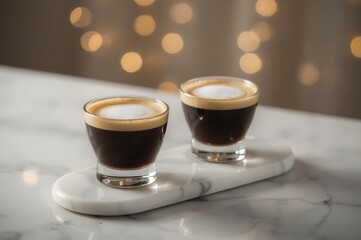 Two glasses filled with coffee on a marble surface, soft lighting creates a cozy atmosphere.